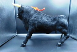 LARGER SIZE BLACK PLUSH VINTAGE BULL, HORNS, MADE IN SPAIN LABEL